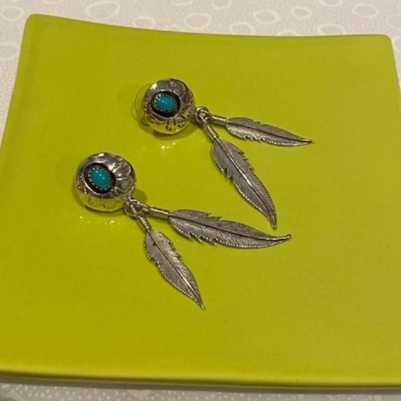 VTG Fred Weekoty Zuni Sterling Turquoise Feather EARRINGS - Picture 6 of 8